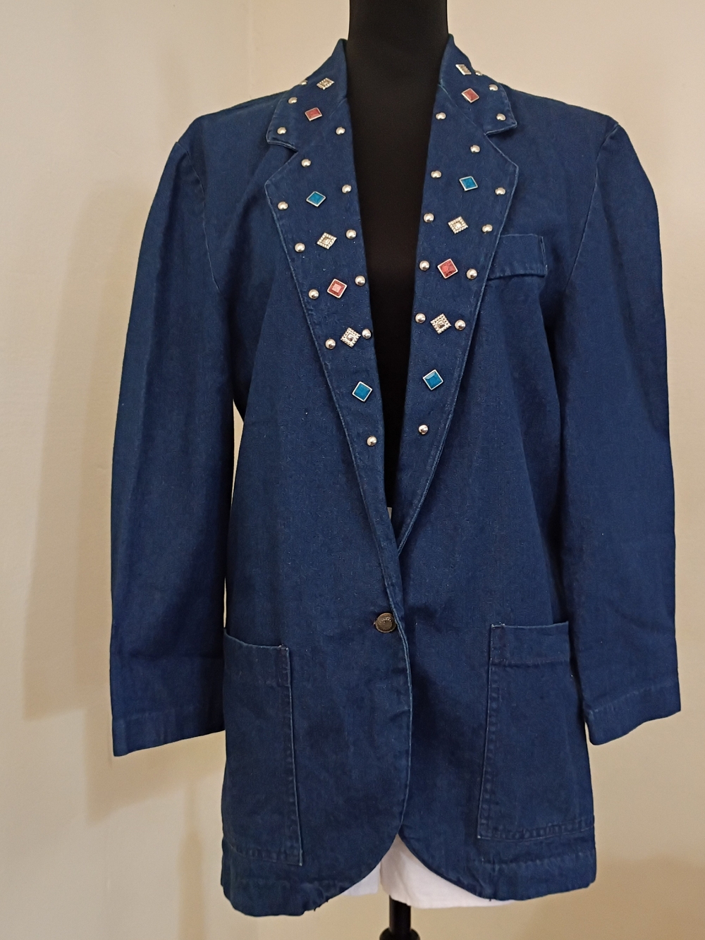 Vintage Studded Dark Blue Denim Blazer Jacket - Women